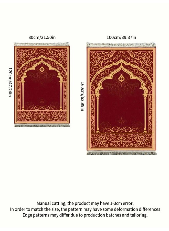 Muslim tassel worship carpet, soft and thick, crystal velvet, easy to clean, suitable for any occasion, Red with pattern, 100*160cm