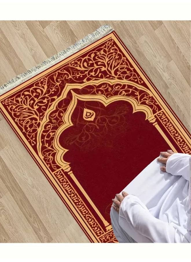 Muslim tassel worship carpet, soft and thick, crystal velvet, easy to clean, suitable for any occasion, Red with pattern, 100*160cm