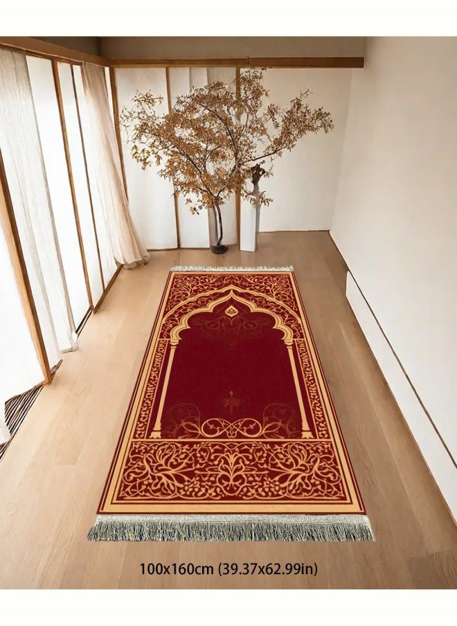 Muslim tassel worship carpet, soft and thick, crystal velvet, easy to clean, suitable for any occasion, Red with pattern, 100*160cm