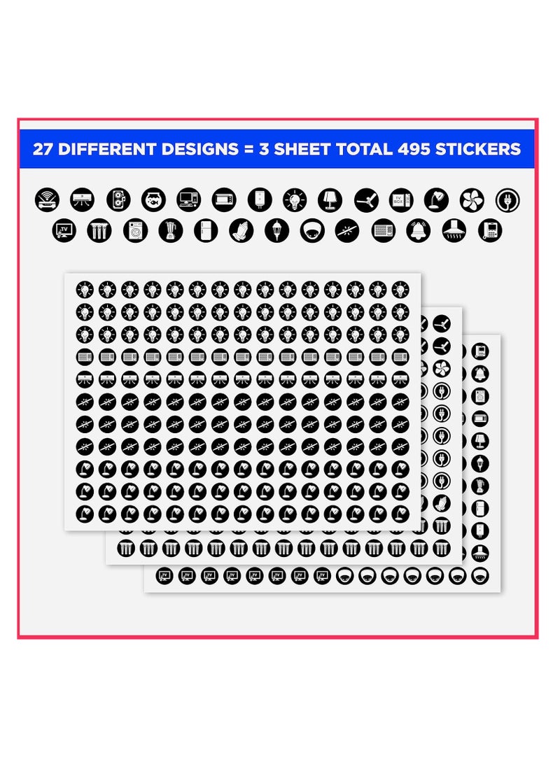 Switch Board Stickers Black and White | Switch Id Sticker Vinyl Labels 3-A4 Sheets for Electric Board Appliances Including 27 Designs in Total 495 Stickers for Switches, Self Adhesive