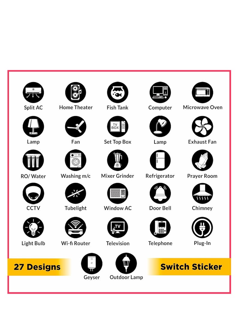 Switch Board Stickers Black and White | Switch Id Sticker Vinyl Labels 3-A4 Sheets for Electric Board Appliances Including 27 Designs in Total 495 Stickers for Switches, Self Adhesive