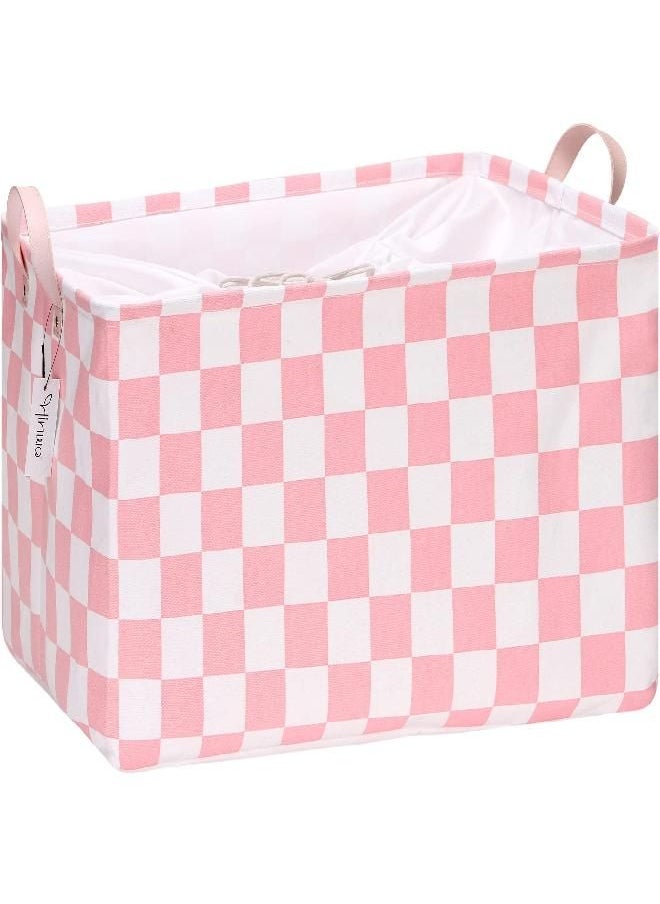 Hinwo Extra Large Canvas Fabric Storage Basket with Handles, 70L/18.5-Gal Oversized Bin, Collapsible Storage Box, Clothes, Toys, Blankets Organizer, 22 x 15 x 13 Inches (XL, Pink Checkerboard)