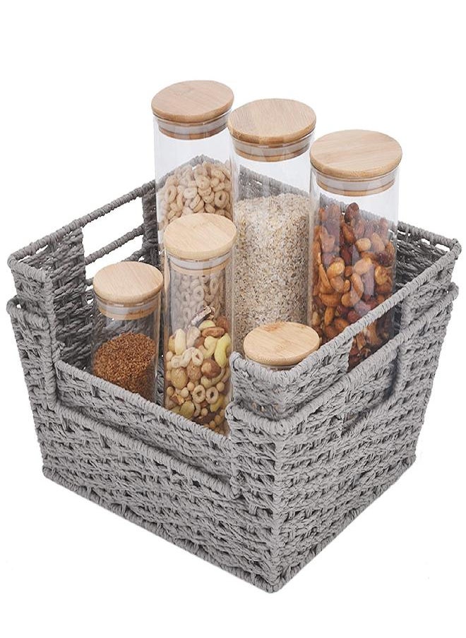 StorageWorks Round Paper Rope Storage Basket, Hand-Woven Open-Front Bin with Handles, Gray, 2-Pack