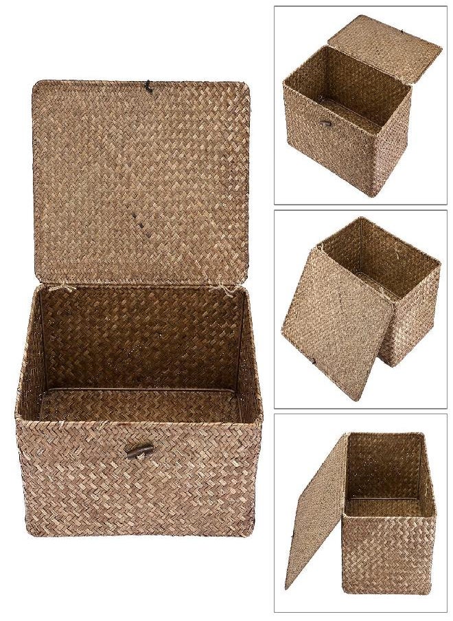 Hipiwe Wicker Shelf Baskets Bin with Lid, Handwoven Seagrass Basket Storage Bins Rectangular Household Basket Boxes for Shelf Wardrobe Home Organizer, Coffee Large