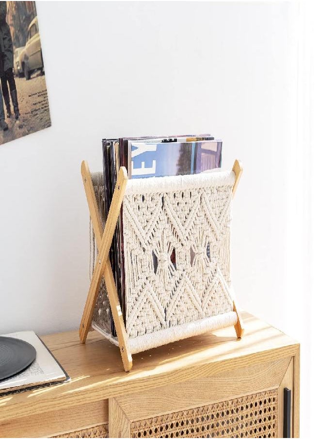 Mkono Macrame Magazine Rack Boho Magazine Holder Storage Standing Basket for Books, Newspapers, Swaddle Blanket, Living Room, Bathroom, Office, Nursery, Home Decor, Medium Size, 14’’L x 10’’W