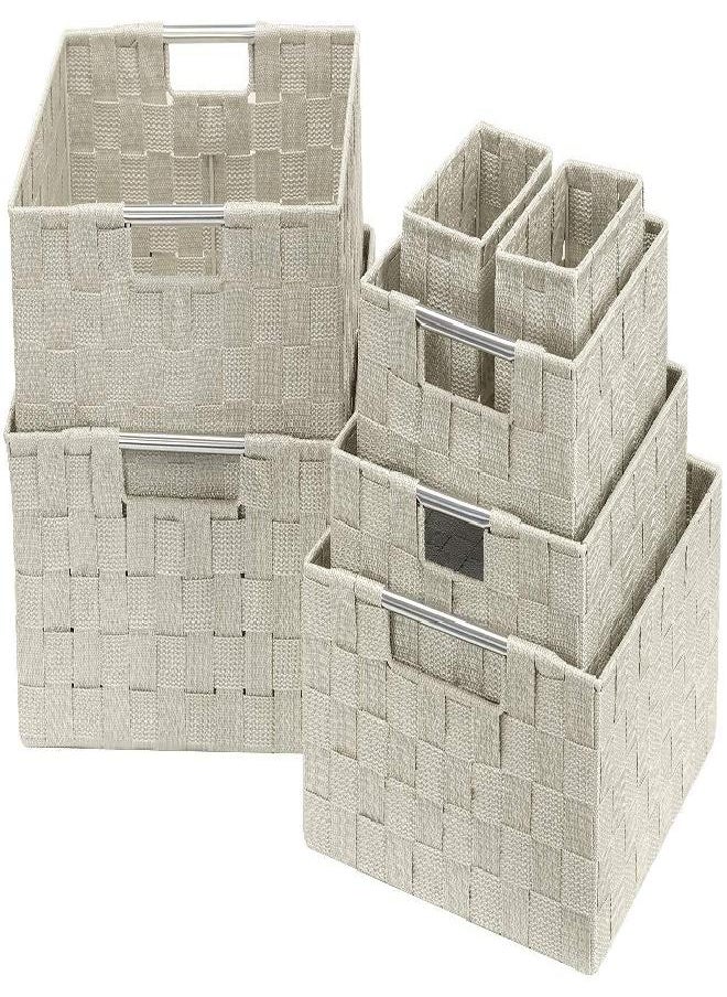 Sorbus Storage Box Woven Basket Bin Container Tote Cube Organizer Set Stackable Storage Basket Woven Strap Shelf Organizer Built-In Carry Handles (7 Piece - Beige)