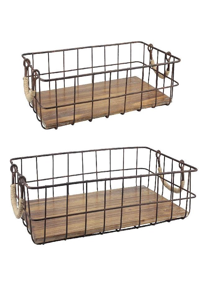 Stonebriar Stackable 2pc Rectangle Metal Wire and Wood Basket Set with Rope Wrapped Handles, Rustic Decor for Home Storage, Decorative Serving Baskets for Weddings, Birthdays, and Holiday Parties