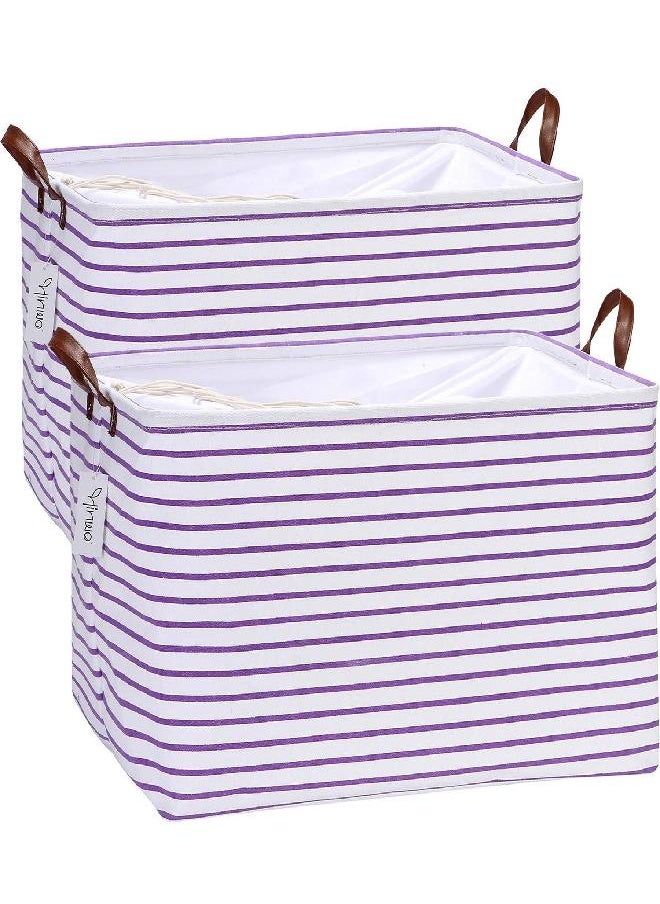 Hinwo 2-Pack Extra Large Canvas Fabric Storage Baskets with Handles, 70L Oversized Storage Bins, Collapsible Storage Box, Clothes, Toys, Blankets Organizers, 22 x 15 x 13 inches, (Purple Stripe)