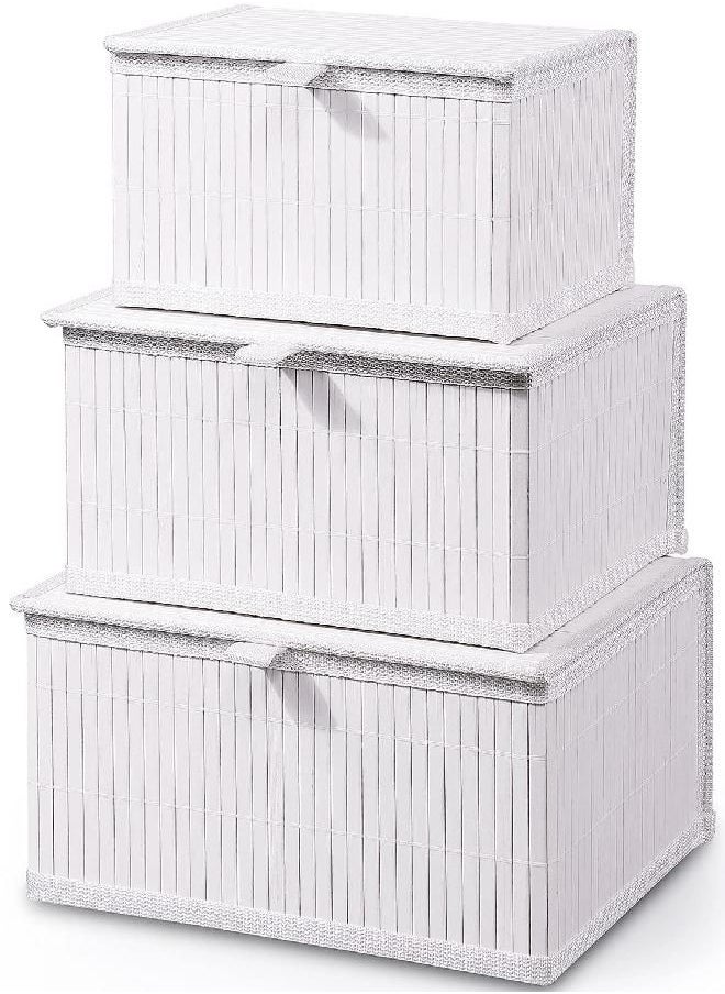Honygebia Bamboo Decorative Storage Boxes - Set of 3 Woven Lined Storage Basket with Lids, White Wicker Lidded Baskets for Home Kitchen Shelf Organizer Decor