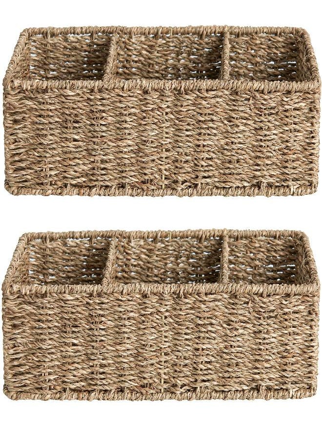 StorageWorks 3-Section Wicker Baskets for Shelves, Hand-Woven Seagrass Storage Baskets, 2-Pack