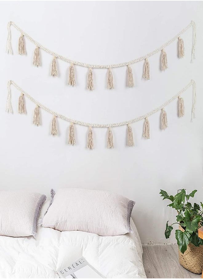 BlueMake 2 Pack Macrame Woven Tassel Garland Belly Basket Decorative Wall Hangings for Boho Home Decor,Nursey Room (Ivory B)