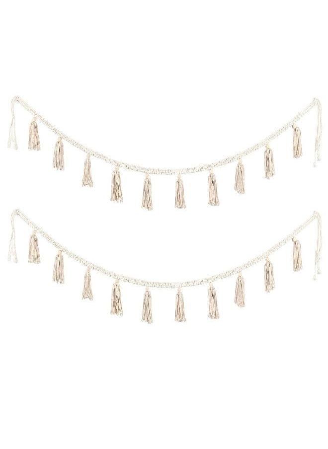 BlueMake 2 Pack Macrame Woven Tassel Garland Belly Basket Decorative Wall Hangings for Boho Home Decor,Nursey Room (Ivory B)