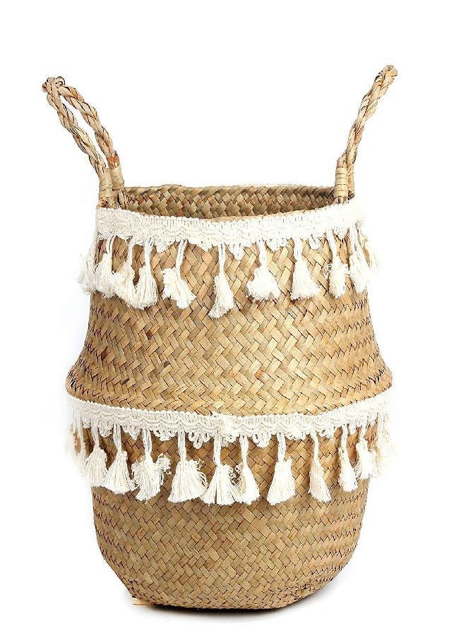 BlueMake Tassel Macrame Woven Seagrass Belly Basket for Storage, Decoration, Laundry, Picnic, Plant Basin Cover, Groceries and Toy Storage (Medium, Tassel)