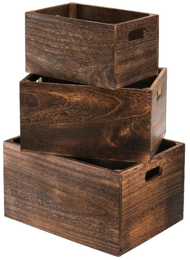 Frcctre Set of 3 Wood Nesting Storage Crates with Handles, Decorative Farmhouse Wooden Crates Storage Containers Rustic Handmade Natural Solid Wood Basket