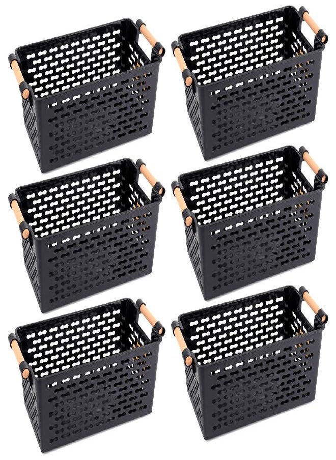 Yesland 6 Pack Plastic Storage Basket, Black Basket Organizer Bin with Handles for Home Office Closet, 6 x 12 x 5 Inches