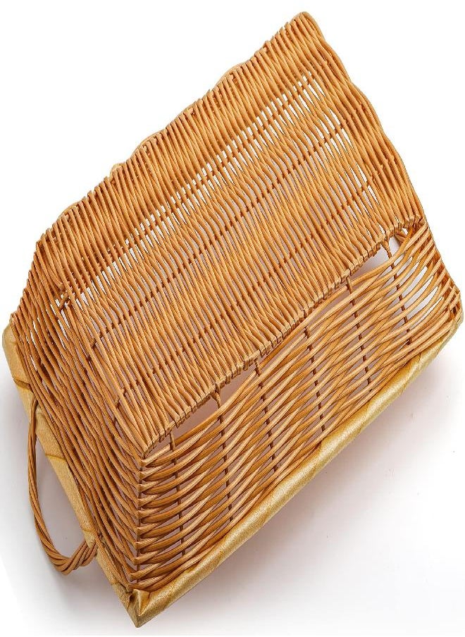 Yesland Set of 6 Poly Wicker Bread Basket with Handle, 15.5 Inch Rectangular Imitation Rattan Fruit Storage Baskets - Stackable Empty Gift Basket for Vegetables, Food Serving, Display, Outdoor, Brown