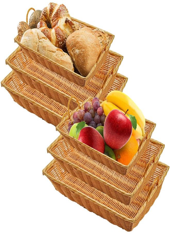 Yesland Set of 6 Poly Wicker Bread Basket with Handle, 15.5 Inch Rectangular Imitation Rattan Fruit Storage Baskets - Stackable Empty Gift Basket for Vegetables, Food Serving, Display, Outdoor, Brown