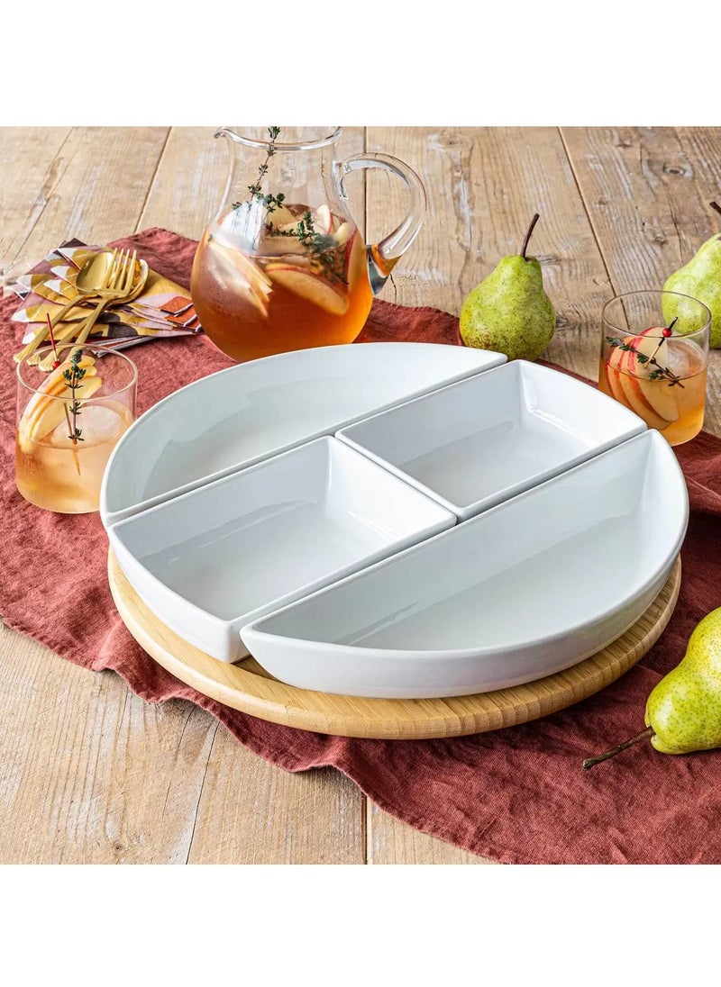Over & Back Bamboo Lazy Susan with 4 Porcelain Dishes | Serving Set Of 5 Pcs | Cheese Board | Shami BreakFast Dishes