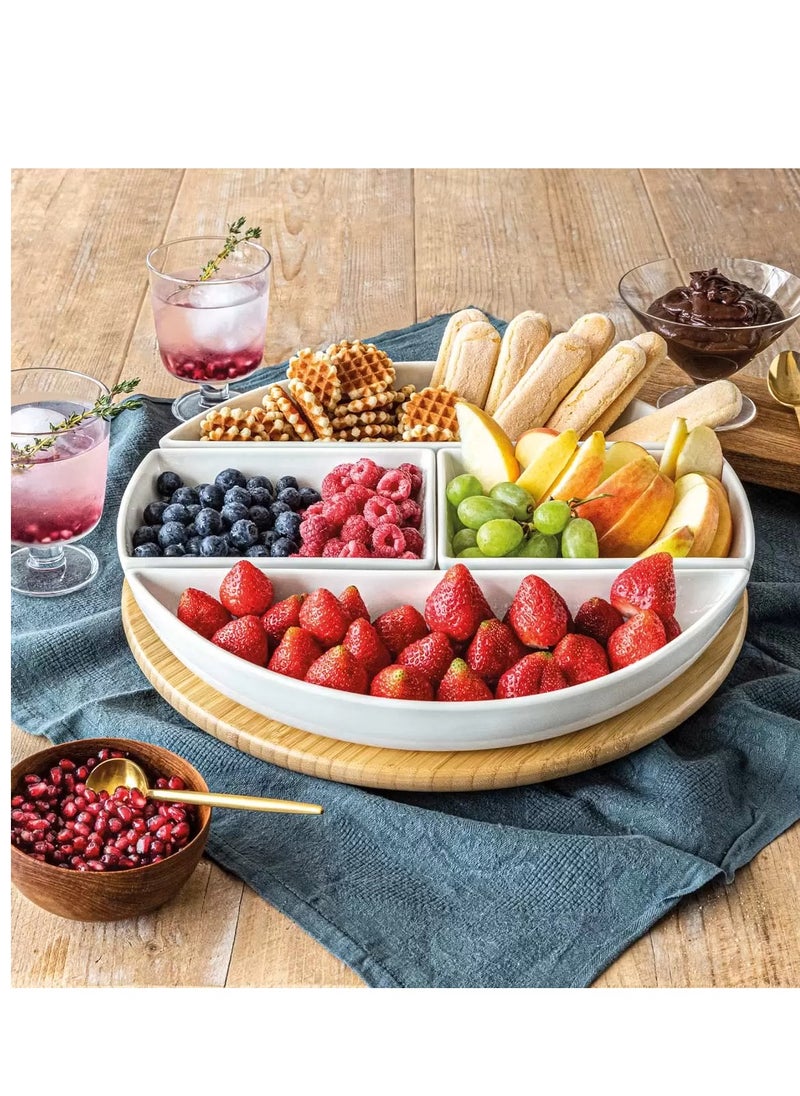 Over & Back Bamboo Lazy Susan with 4 Porcelain Dishes | Serving Set Of 5 Pcs | Cheese Board | Shami BreakFast Dishes