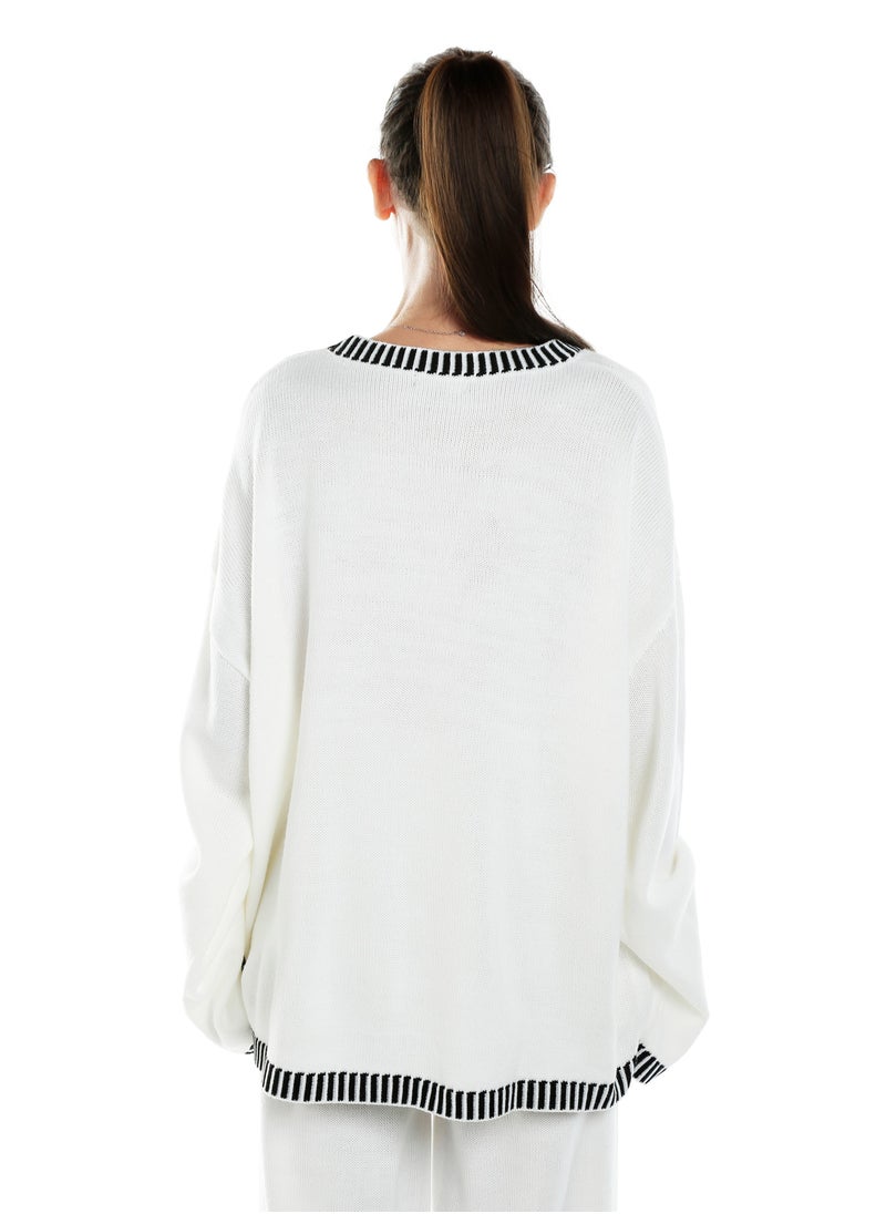 Contrast Stitch Detail Knit Sweater Jumper in Cream