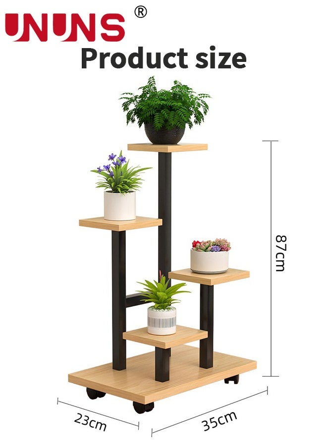 5 Tier Plant Stand With 4 Wheels,Metal Wood Tall Plant Stands For Indoor Plants Multiple,Corner Tiered Flower Plants Shelf Stand For Living Room Bedroom