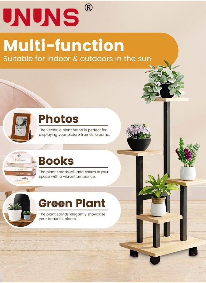 5 Tier Plant Stand With 4 Wheels,Metal Wood Tall Plant Stands For Indoor Plants Multiple,Corner Tiered Flower Plants Shelf Stand For Living Room Bedroom