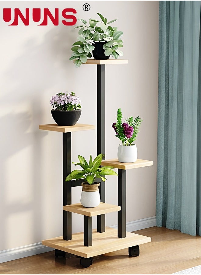 5 Tier Plant Stand With 4 Wheels,Metal Wood Tall Plant Stands For Indoor Plants Multiple,Corner Tiered Flower Plants Shelf Stand For Living Room Bedroom