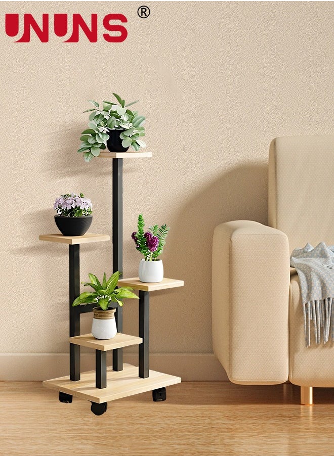 5 Tier Plant Stand With 4 Wheels,Metal Wood Tall Plant Stands For Indoor Plants Multiple,Corner Tiered Flower Plants Shelf Stand For Living Room Bedroom