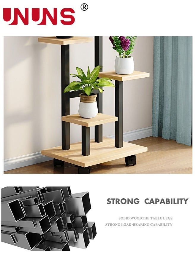 5 Tier Plant Stand With 4 Wheels,Metal Wood Tall Plant Stands For Indoor Plants Multiple,Corner Tiered Flower Plants Shelf Stand For Living Room Bedroom