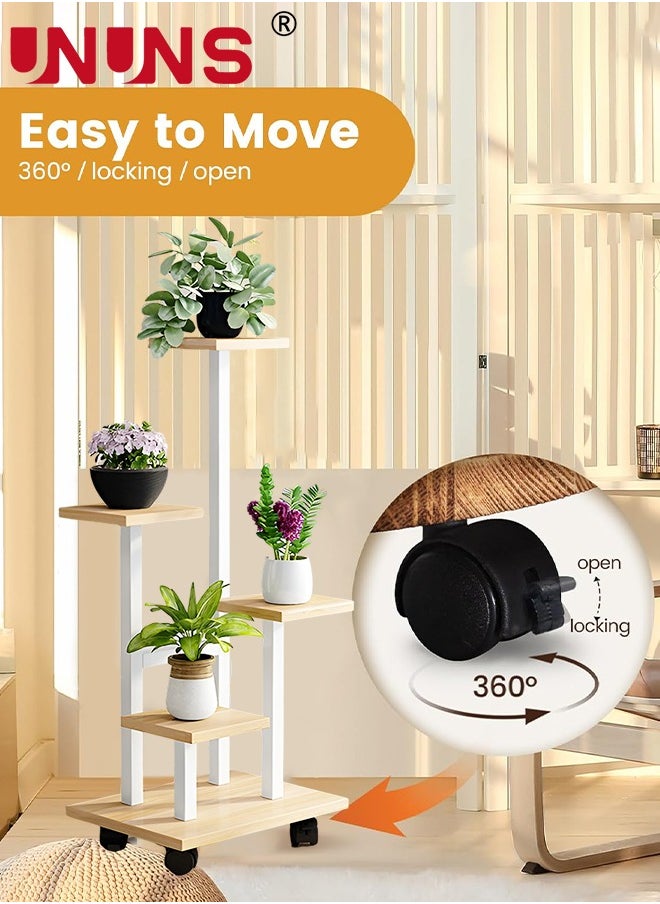 5 Tier Plant Stand With 4 Wheels,Metal Wood Tall Plant Stands For Indoor Plants Multiple,Corner Tiered Flower Plants Shelf Stand For Living Room Bedroom
