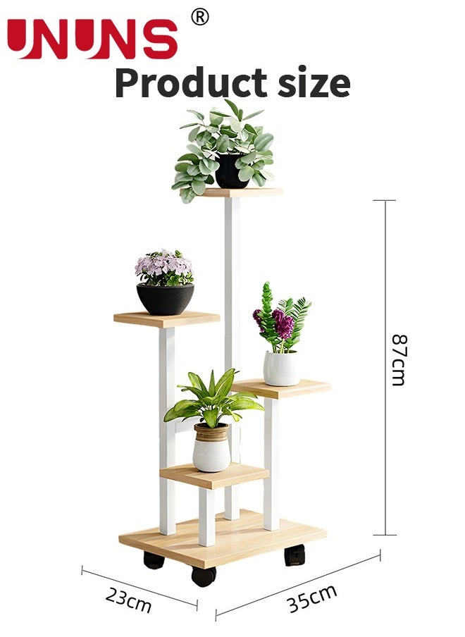 5 Tier Plant Stand With 4 Wheels,Metal Wood Tall Plant Stands For Indoor Plants Multiple,Corner Tiered Flower Plants Shelf Stand For Living Room Bedroom