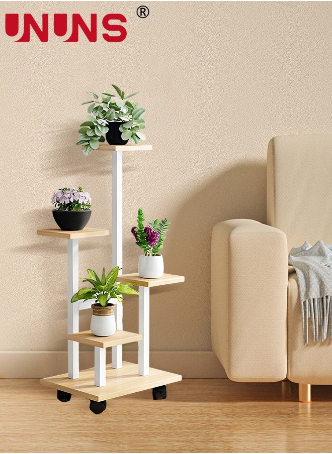 5 Tier Plant Stand With 4 Wheels,Metal Wood Tall Plant Stands For Indoor Plants Multiple,Corner Tiered Flower Plants Shelf Stand For Living Room Bedroom