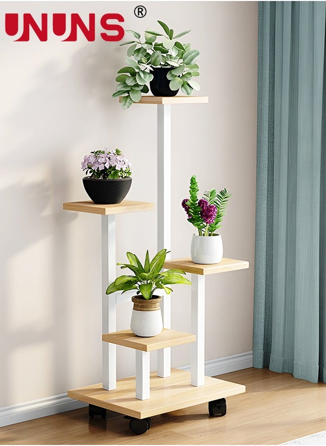 5 Tier Plant Stand With 4 Wheels,Metal Wood Tall Plant Stands For Indoor Plants Multiple,Corner Tiered Flower Plants Shelf Stand For Living Room Bedroom