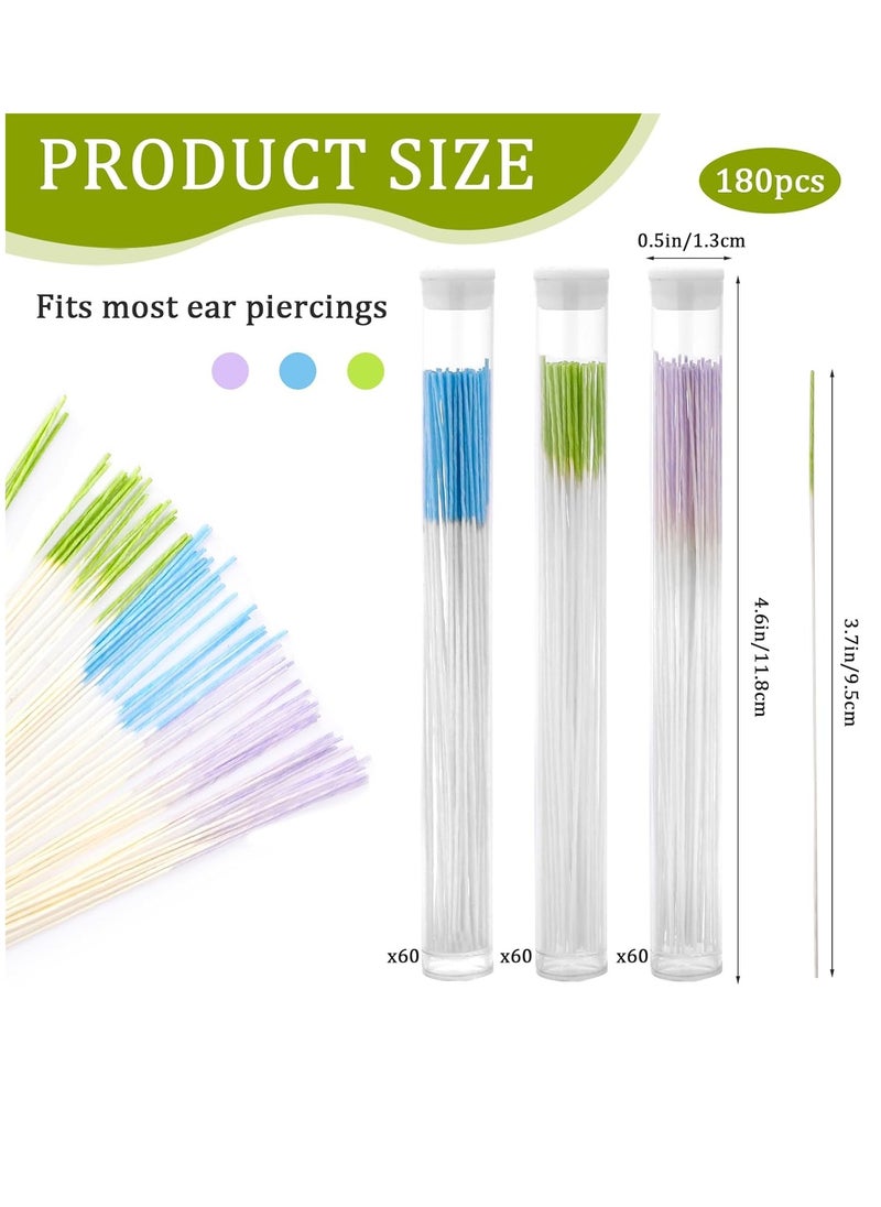 180 PCS Ear Hole Ear Care Kit Disposable Earrings Hole Cleaner Ear Piercing Care Cleaning Tool Ear Hole Cleaning Line Ear Piercing Cleaning Floss for Girls Women Men (Green, Purple, Blue)