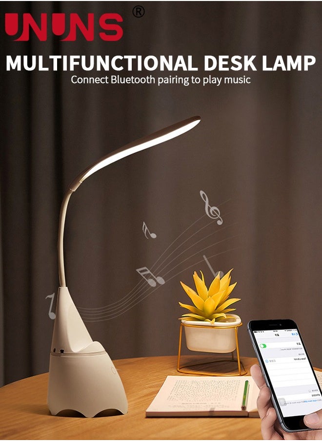 Desk Lamp Table Light With Wireless Speaker And Phone Stand Desk Organizer,3 Color Modes Dimmable Reading Lamp,Flexible Gooseneck Table Lamp,Perfect For Home Office,White