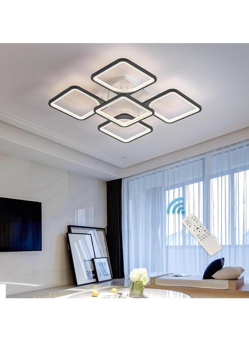 Modern LED Ceiling Light, Dimmable 5 Heads Squares Ceiling Lamp Fixture with Remote, Acrylic Metal Flush Mount Ceiling Lighting Fixture with Remote for Living Room Bedroom (70W, Black)