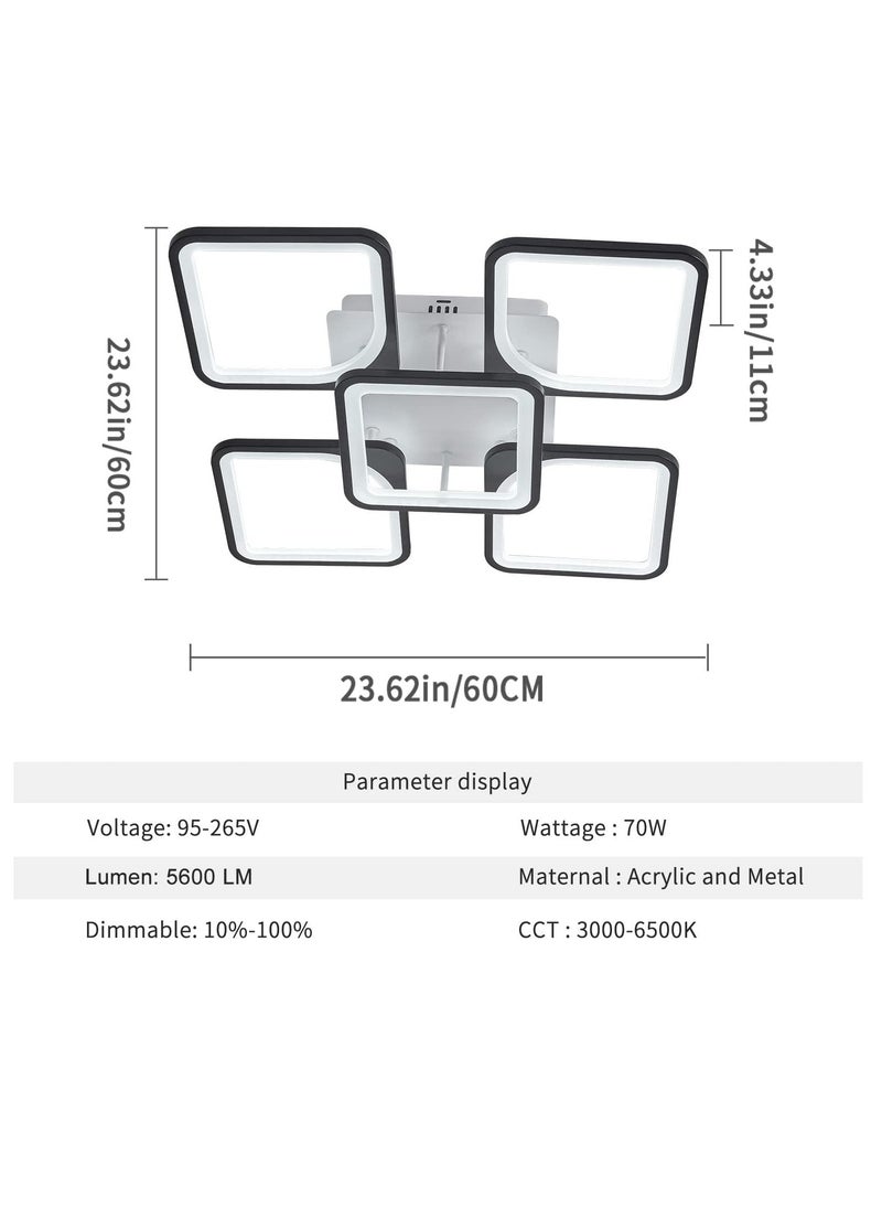 Modern LED Ceiling Light, Dimmable 5 Heads Squares Ceiling Lamp Fixture with Remote, Acrylic Metal Flush Mount Ceiling Lighting Fixture with Remote for Living Room Bedroom (70W, Black)