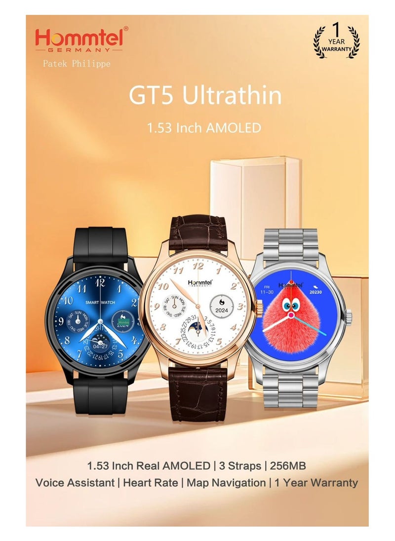 LGT5 Ultrathin Smartwatch – 1.53-inch AMOLED Display, Bluetooth Calling, NFC, Heart Rate Monitoring & Sports Tracking with 3 Interchangeable Straps