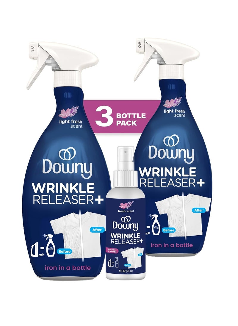 Downy Wrinkle Releaser Spray, Travel Size Spray + 16.9 Fl Oz Pack of 2, All In One Formula, Removes Wrinkles, Static and Odors, Light Fresh Scent