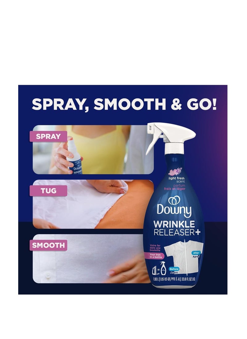 Downy Wrinkle Releaser Spray, Travel Size Spray + 16.9 Fl Oz Pack of 2, All In One Formula, Removes Wrinkles, Static and Odors, Light Fresh Scent