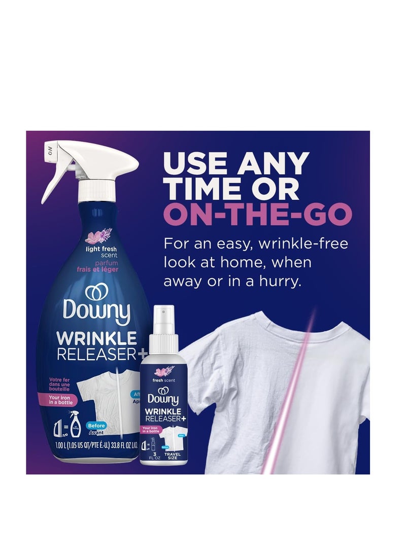 Downy Wrinkle Releaser Spray, Travel Size Spray + 16.9 Fl Oz Pack of 2, All In One Formula, Removes Wrinkles, Static and Odors, Light Fresh Scent