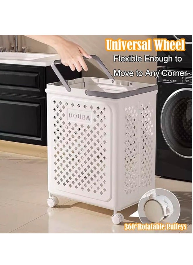 Plastic Laundry Basket with Handles and Wheels, Foldable Rolling Large Plastic Storage Basket, White, Mesh Storage Basket (White) L Size Without Wheels Length 10.6 * Width 13.9 * Height 17.7)