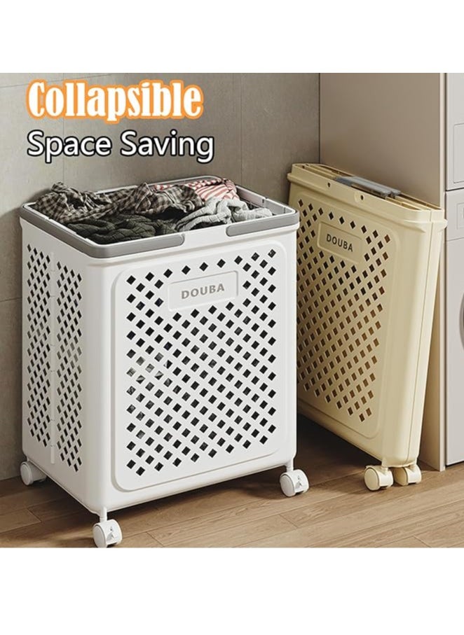 Plastic Laundry Basket with Handles and Wheels, Foldable Rolling Large Plastic Storage Basket, White, Mesh Storage Basket (White) L Size Without Wheels Length 10.6 * Width 13.9 * Height 17.7)