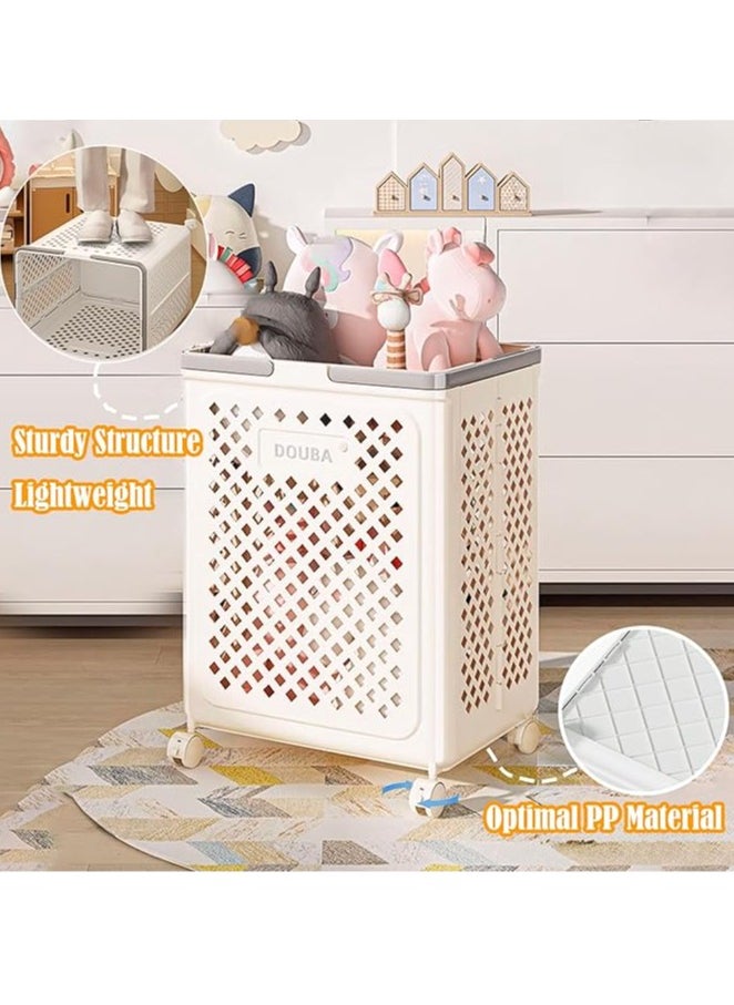 Plastic Laundry Basket with Handles and Wheels, Foldable Rolling Large Plastic Storage Basket, White, Mesh Storage Basket (White) L Size Without Wheels Length 10.6 * Width 13.9 * Height 17.7)