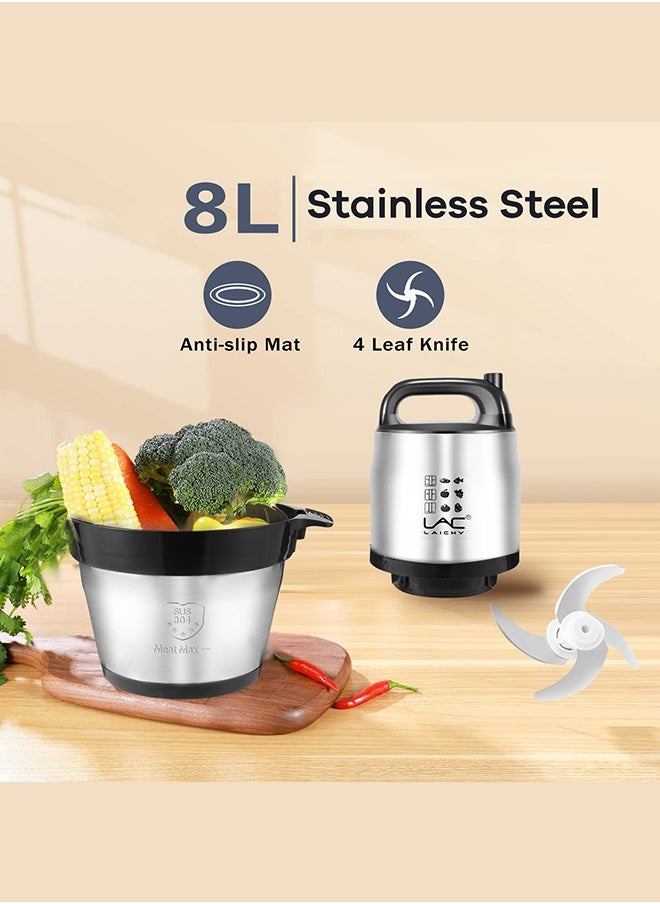 8L Large Electric Meat Grinder 1200W Stainless Steel Chopper 2 Speeds Meat Mincer Food Processor With Integrated 4-Sharp Blades With Child Safety Lock