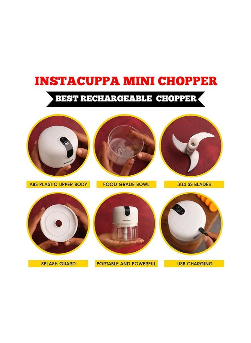 InstaCuppa Rechargeable Mini Electric Chopper, 1800 mAh Battery for 50% Longer Use, USB-C Charging 50% Faster than Micro-USB, 45 Watts for Quick Chopping for Busy Moms, 250 ML, White