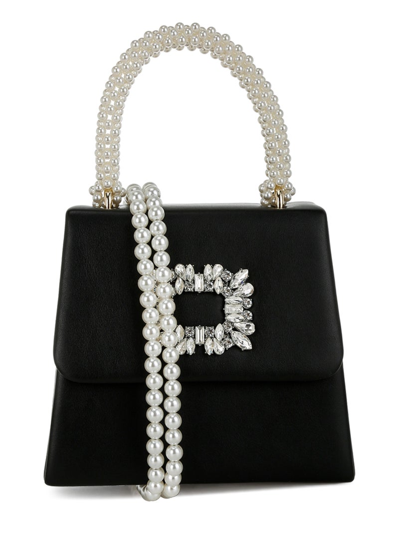 Pearl Top-Handle Diamante Brooch Bag in Black