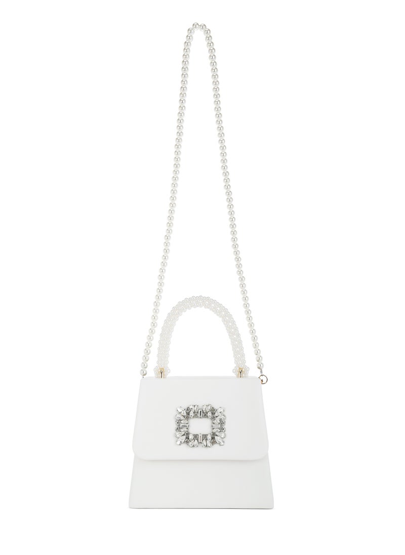 Pearl Top-Handle Diamante Brooch Bag in White