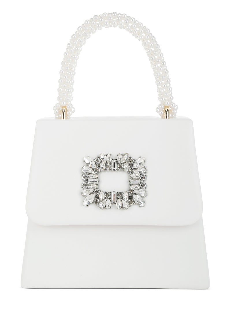 Pearl Top-Handle Diamante Brooch Bag in White