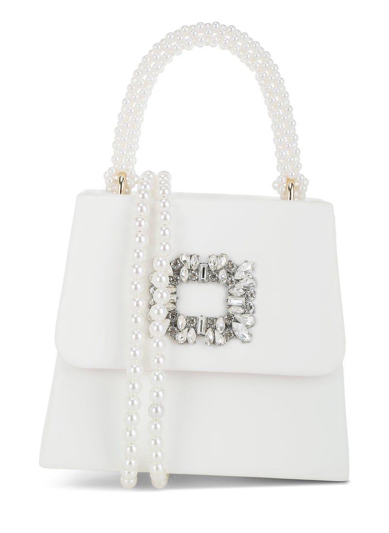 Pearl Top-Handle Diamante Brooch Bag in White